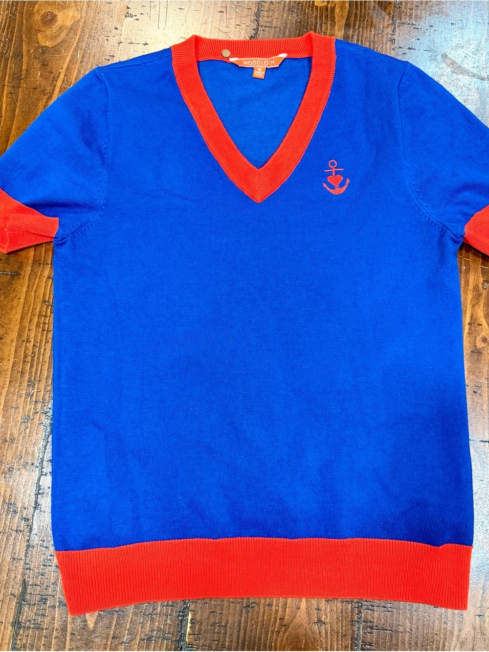 Modcloth Men's Royal Blue V-Neck Sweater with Red Trim